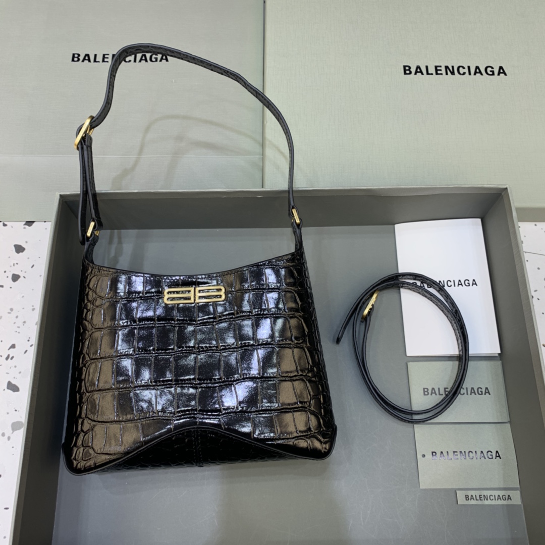 Balenciaga XX Small Hobo Flap Bag Crocodile Embossed Black